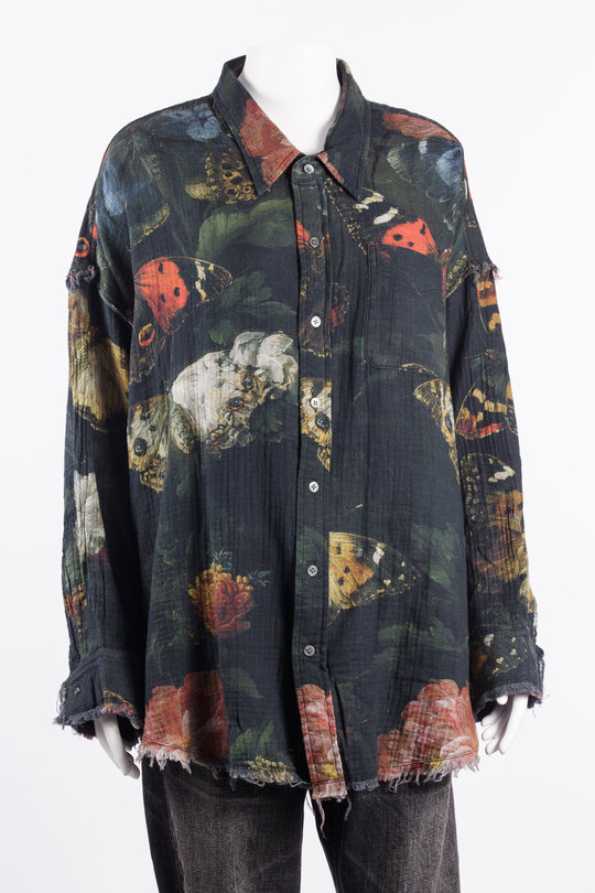 Hemd R13WR463 Reversible Shredded Seam Drop Neck Shirt black multicolor butterflies with plaid, R 13