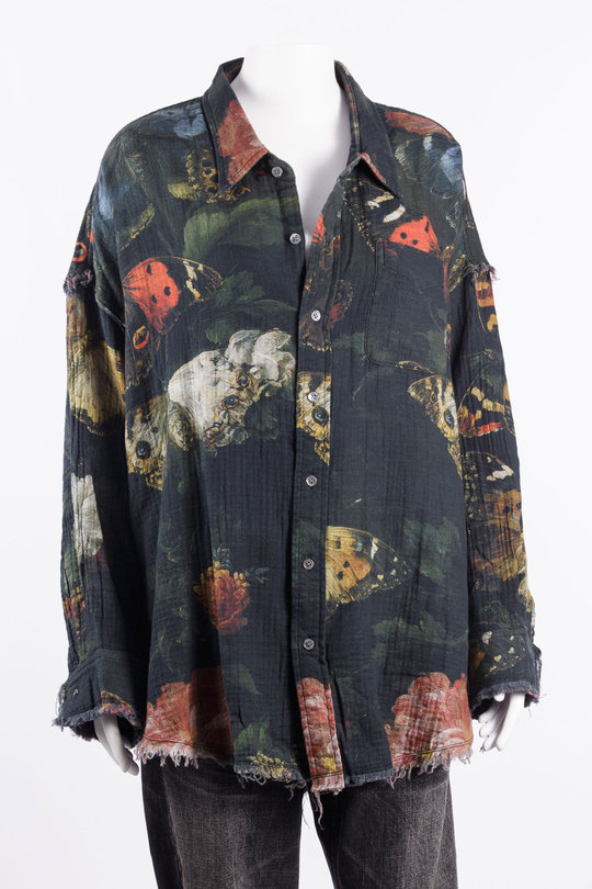 Hemd R13WR463 Reversible Shredded Seam Drop Neck Shirt black multicolor butterflies with plaid, R 13