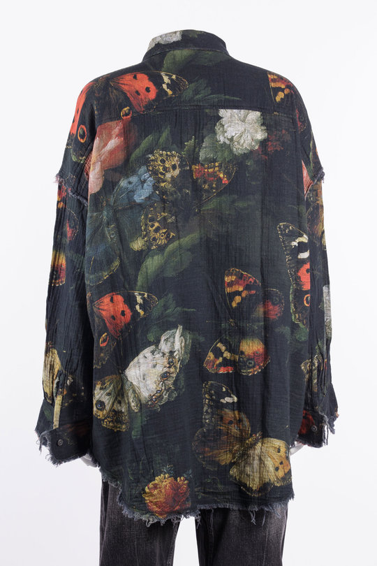 Hemd R13WR463 Reversible Shredded Seam Drop Neck Shirt black multicolor butterflies with plaid, R 13